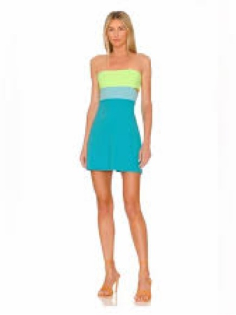 SUSANA MÓNACO Strapless Colorblock Mini Dress in Neon Lime, Sky Blue and Teal